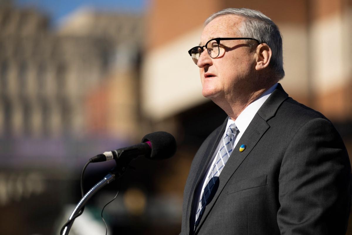 Philadelphia Mayor Jim Kenney speaks to reporters on Independence Mall about election security during the upcoming election in Philadelphia, Penn., on Nov. 7, 2022. (Ryan Collerd/AFP via Getty Images)