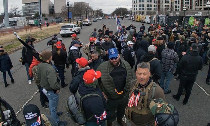 Christopher Worrell (lower right) gathers with other members of the Proud Boys near the U.S. Capitol on Jan. 6, 2021. (Special to The Epoch Times)