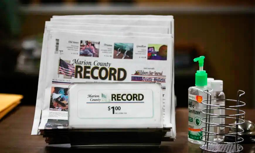 The most recently printed issue of the Marion County Record sits in a display in its office in Marion, Kan., on Aug. 13, 2023. (John Hanna/AP Photo)