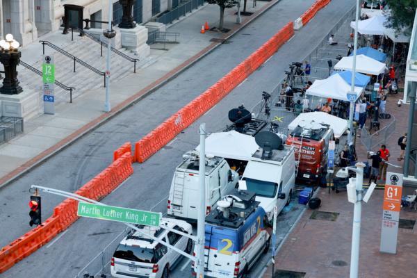 Media vehicles are shown outside the Fulton County Courthouse in Atlanta, Ga., on Aug. 14, 2023. (Joe Raedle/Getty Images)