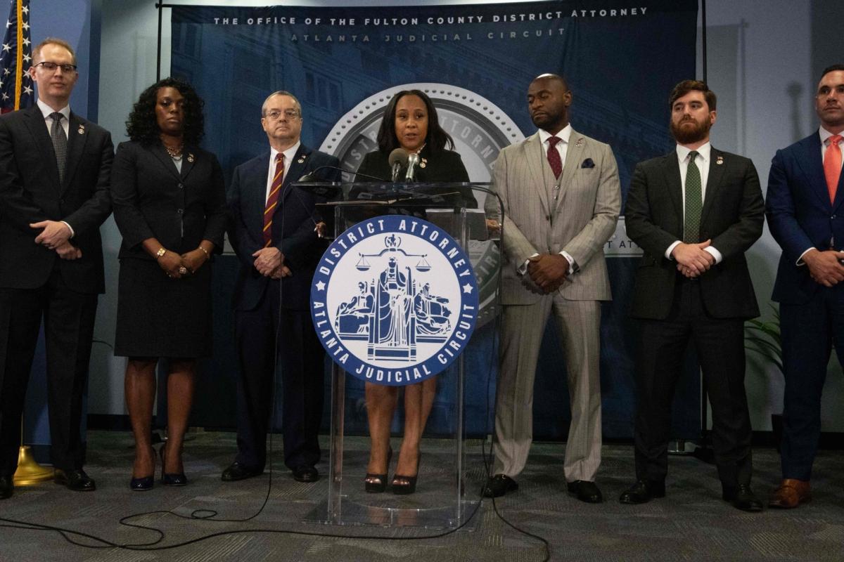 Fulton County District Attorney Fani Willis holds a news conference in the Fulton County Government Center after a grand jury voted to indict former President Donald Trump and 18 others in Atlanta on Aug. 14, 2023. (Christian Monterrosa/AFP via Getty Images)