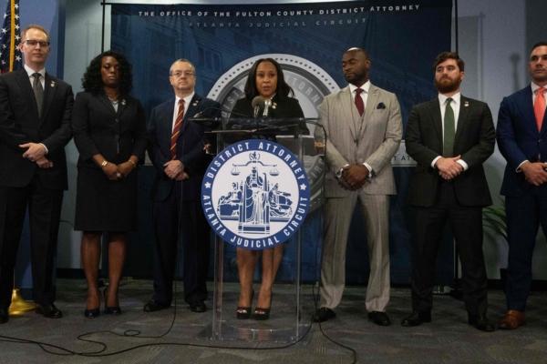 Fulton County District Attorney Fani Willis holds a press conference in the Fulton County Government Center after a grand jury voted to indict former President Donald Trump and 18 others, in Atlanta, Ga., on Aug. 14, 2023. (Christian Monterrosa/AFP via Getty Images)