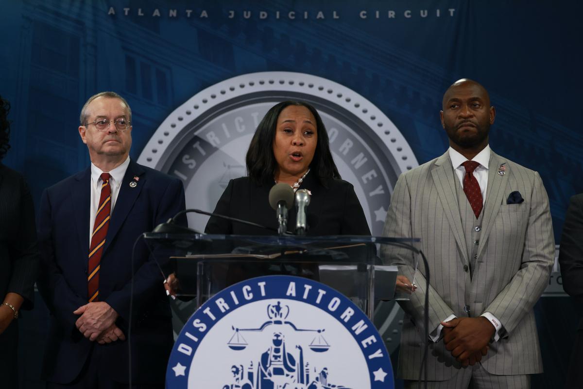 Fulton County District Attorney Fani Willis speaks during a news conference at the Fulton County Government building in Atlanta, Ga., on Aug. 14, 2023. (Joe Raedle/Getty Images)
