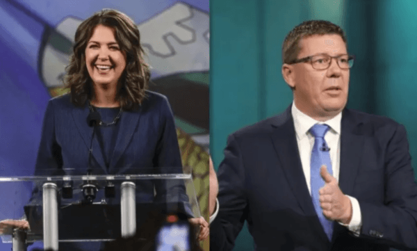 (L) United Conservative Party Leader Danielle Smith in Calgary, Alta., on May 29, 2023. (The Canadian Press/Jeff McIntosh); (R) Saskatchewan Party Leader Scott Moe speaks during the leaders' debate at the Provincial Archives in Regina on Oct. 14, 2020. (The Canadian Press/Michael Bell)
