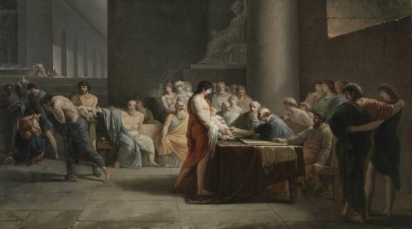 "The Selection of Children in Sparta," 1785, by Jean-Pierre Saint-Ours. A Neoclassical imaging of what Plutarch describes. (Public Domain)