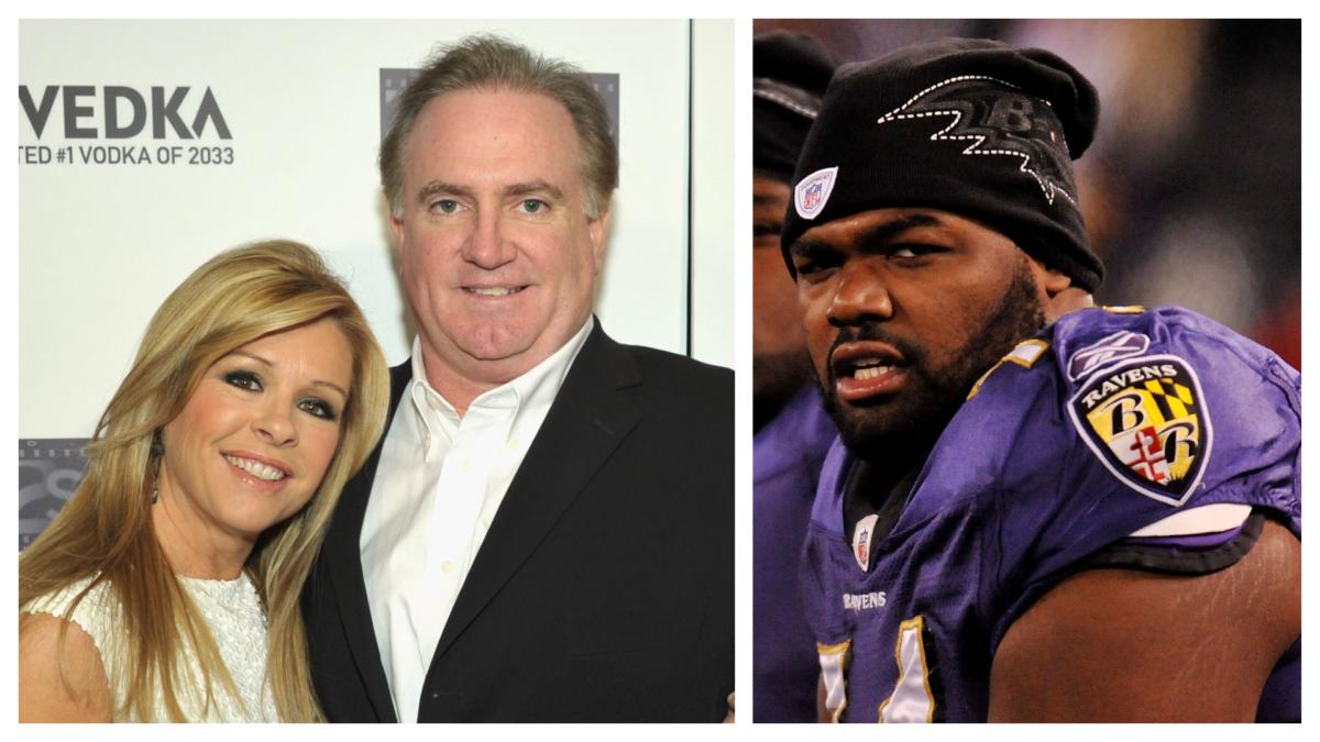 (Left) Leigh Anne Tuohy and Sean Tuohy at Sunset Tower in West Hollywood, Calif., on Feb. 2, 2011. (John Shearer/Getty Images For Children Awaiting Parents); (Right) Tackle Michael Oher #74 of the Baltimore Ravens at M&T Bank Stadium in Baltimore on Dec. 5, 2010. (Larry French/Getty Images)