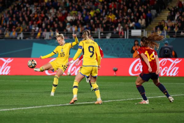 Rebecka Blomqvist of Sweden scores her team's first goal during the FIFA Women's World Cup Australia & New Zealand 2023 Semi Final match between Spain and Sweden at Eden Park in Auckland, New Zealand, on August 15, 2023. (Catherine Ivill/Getty Images)