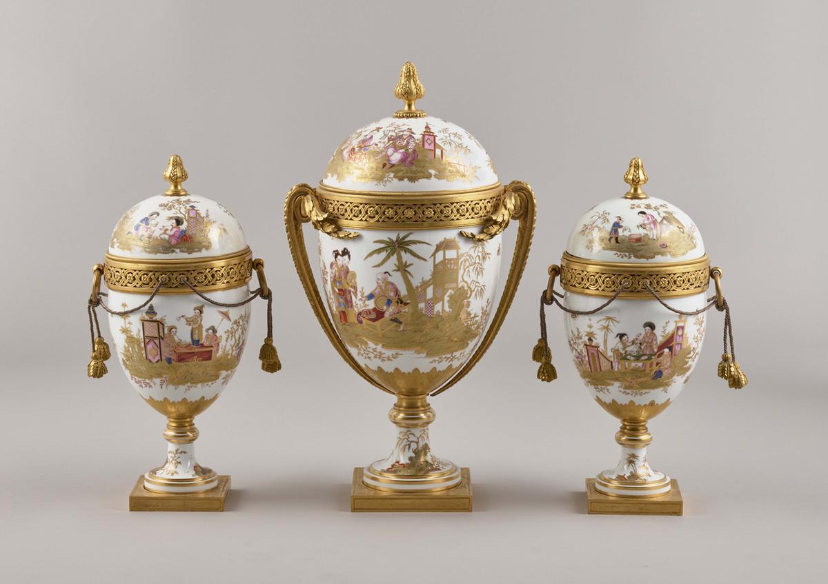 "Three Lidded Vases," 1775–1776, by Sèvres Porcelain Manufactory. Hard-paste porcelain with gilt-bronze mounts. National Museum of the Palaces of Versailles and Trianon. (Courtesy of J. Paul Getty Museum)