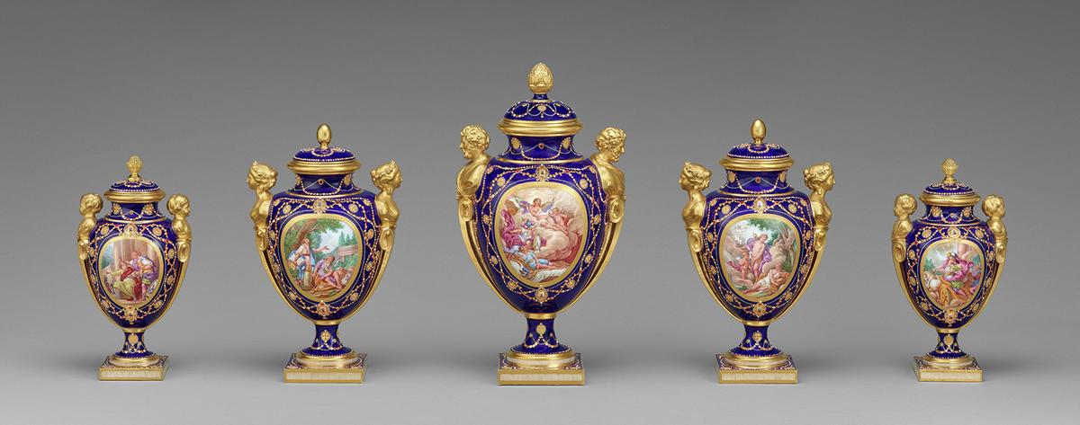 "Five Lidded Vases," 1781, by Sèvres Porcelain Manufactory. Soft-paste porcelain. Three central vases from the J. Paul Getty Museum, Los Angeles, and two end vases from The Walters Art Museum, Baltimore. (Courtesy of J. Paul Getty Museum)