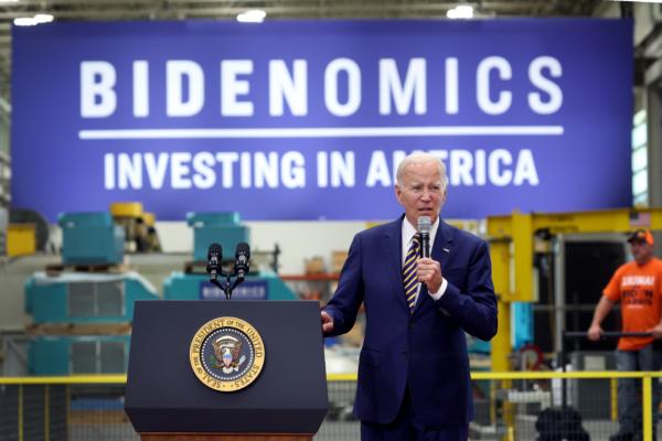 President Joe Biden speaks to guests at Ingeteam Inc., an electrical equipment manufacturer, in Milwaukee on Aug. 15, 2023. (Scott Olson/Getty Images)