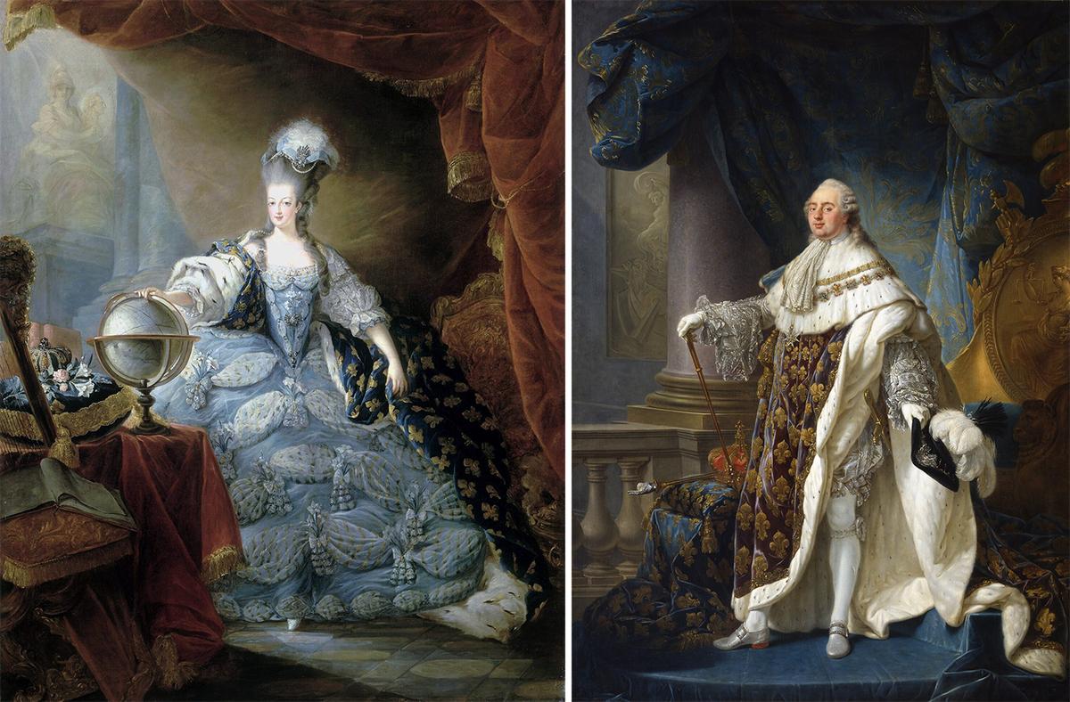 Portraits of Marie Antoinette and King Louis XVI from the Palace of Versailles. "Portrait of Marie-Antoinette of Austria," 1775, by Jean-Baptiste Gautier Dagoty and "Louis XVI of France," 1789, by Antoine-François Callet. Oil on canvas. Palace of Versailles. (Public Domain)