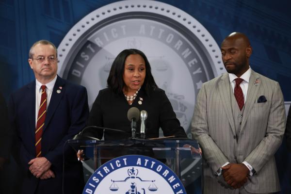 Fulton County District Attorney Fani Willis speaks during a news conference at the Fulton County Government building in Atlanta on Aug. 14, 2023. (Joe Raedle/Getty Images)