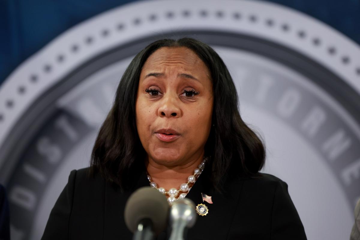 Fulton County District Attorney Fani Willis speaks during a news conference at the Fulton County Government building in Atlanta, Ga., on Aug. 14, 2023. (Joe Raedle/Getty Images)