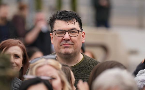 'Father Ted' co-creator Graham Linehan during a Let Women Speak rally in Belfast on April 16, 2023. (PA)
