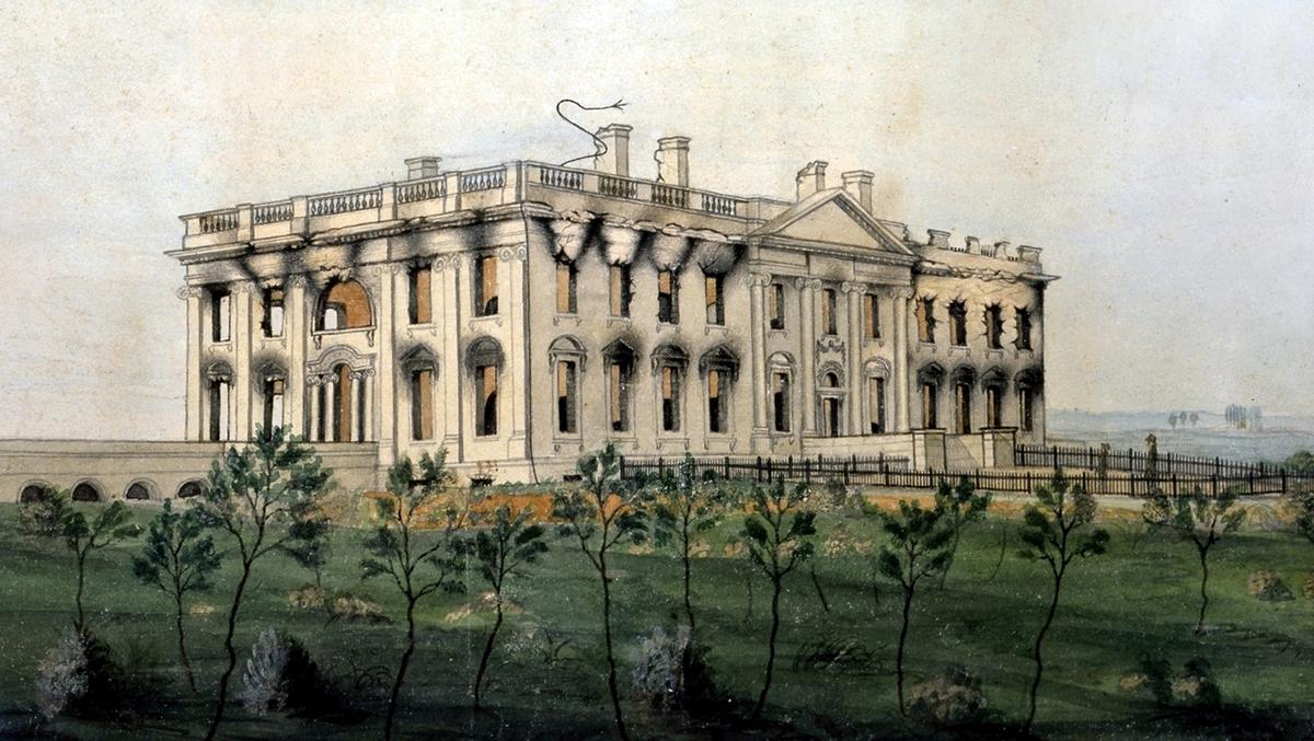The burned remains of the President's House as pictured in "The Presidents House," circa 1814–1815, by George Munger. Watercolor on paper. White House, Washington. (Public Domain)