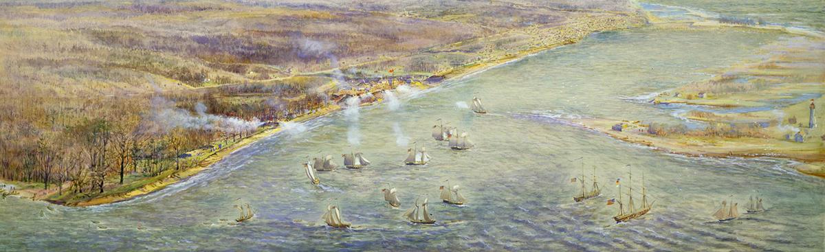 A birds-eye-view painting of the American fleet arriving in York prior to its capture on April 27, 1813, circa 1914, by Owen Staples. Watercolor on paper. Toronto Public Library. (Public Domain)