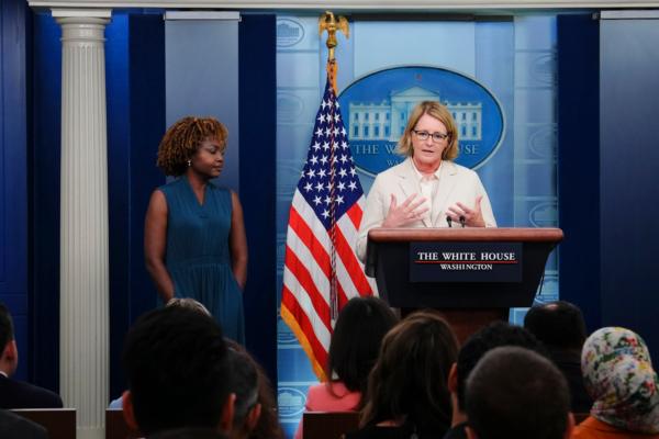 Federal Emergency Management Agency Administrator Deanne Criswell (R) and White House press secretary Karine Jean-Pierre (L) speak during a briefing at the White House on Aug. 16, 2023. (Madalina Vasiliu/The Epoch Times)