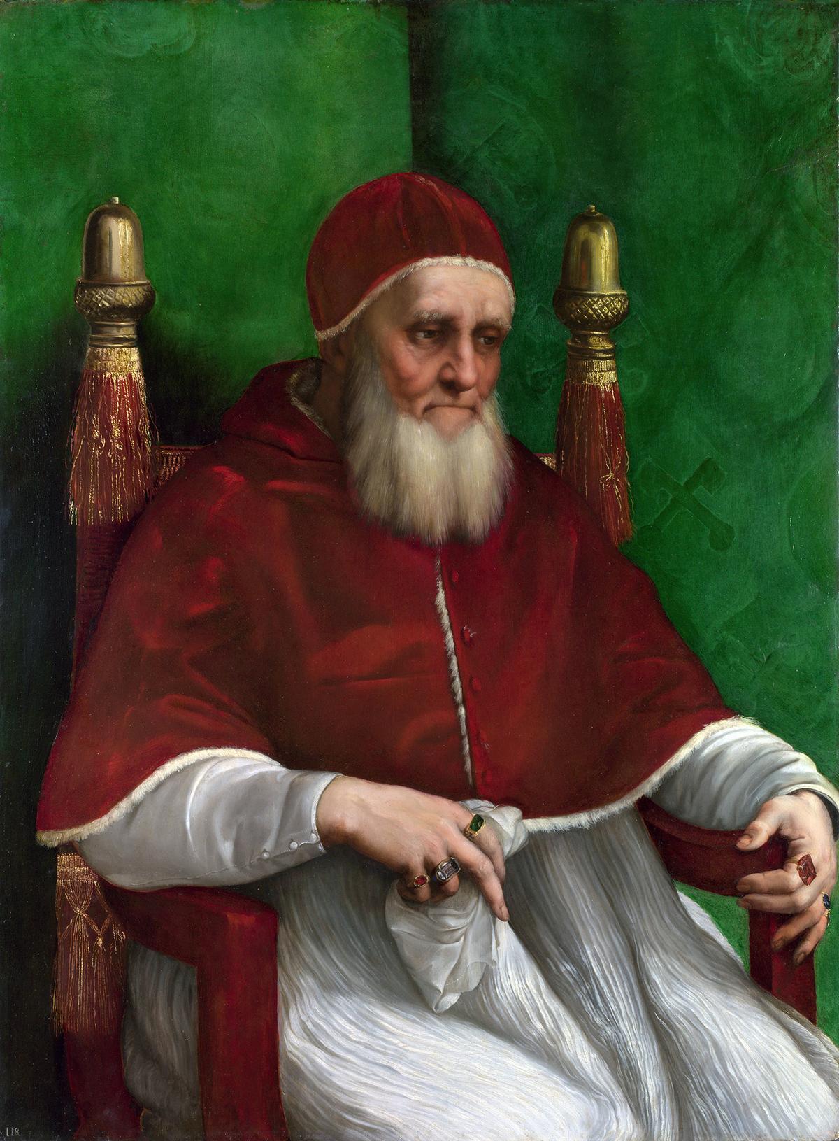 Portrait of Pope Julius II, 1511, by Raphael. Oil on poplar wood; 42.7 inches by 31.8 inches. The National Gallery, London. (Public Domain)