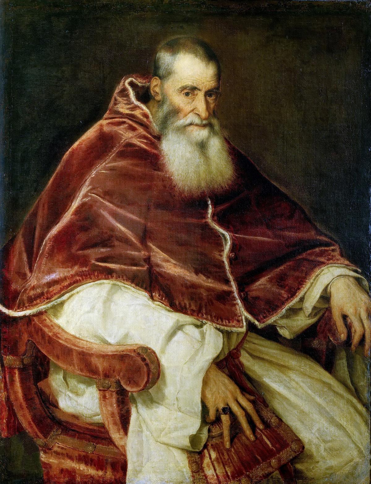 Portrait of Pope Paul III, 1543, by Titian. Oil on canvas; 41.7 inches by 33.4 inches. National Museum of Capodimonte, Naples, Italy. (Public Domain)