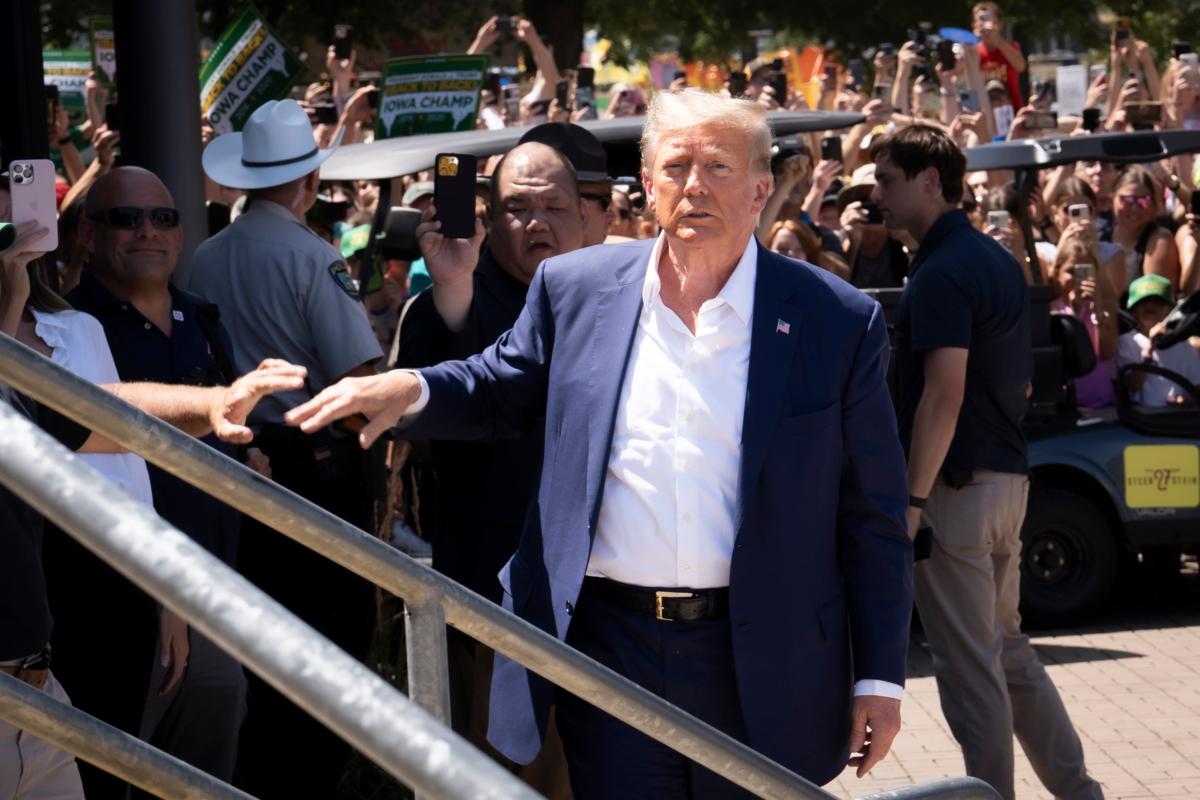 Former President Donald Trump arrives at the Iowa State Fair in Des Moines on Aug. 12, 2023. (Madalina Vasiliu/The Epoch Times)