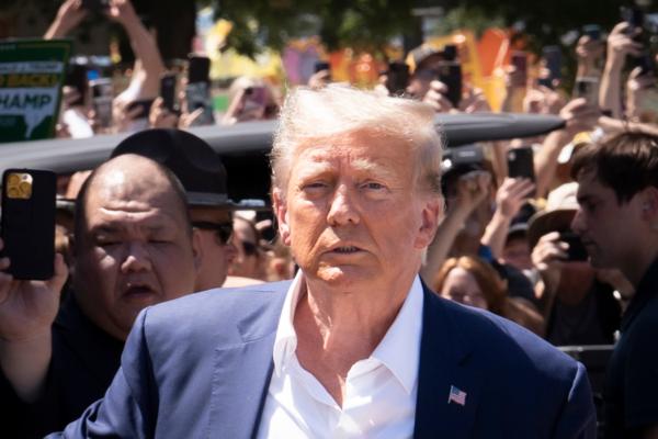 Former President Donald Trump arrives at the Iowa State Fair in Des Moines, Iowa, on Aug. 12, 2023. (Madalina Vasiliu/The Epoch Times)