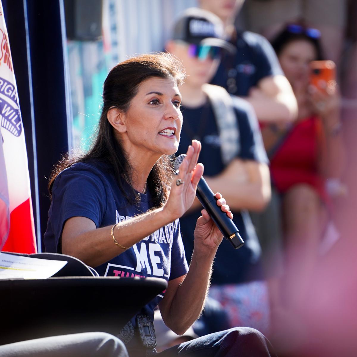  Republican presidential candidate and former South Carolina Gov. Nikki Haley speaks at the Iowa State Fair in Des Moines, Iowa, on Aug. 12, 2023. (Madalina Vasiliu/The Epoch Times)