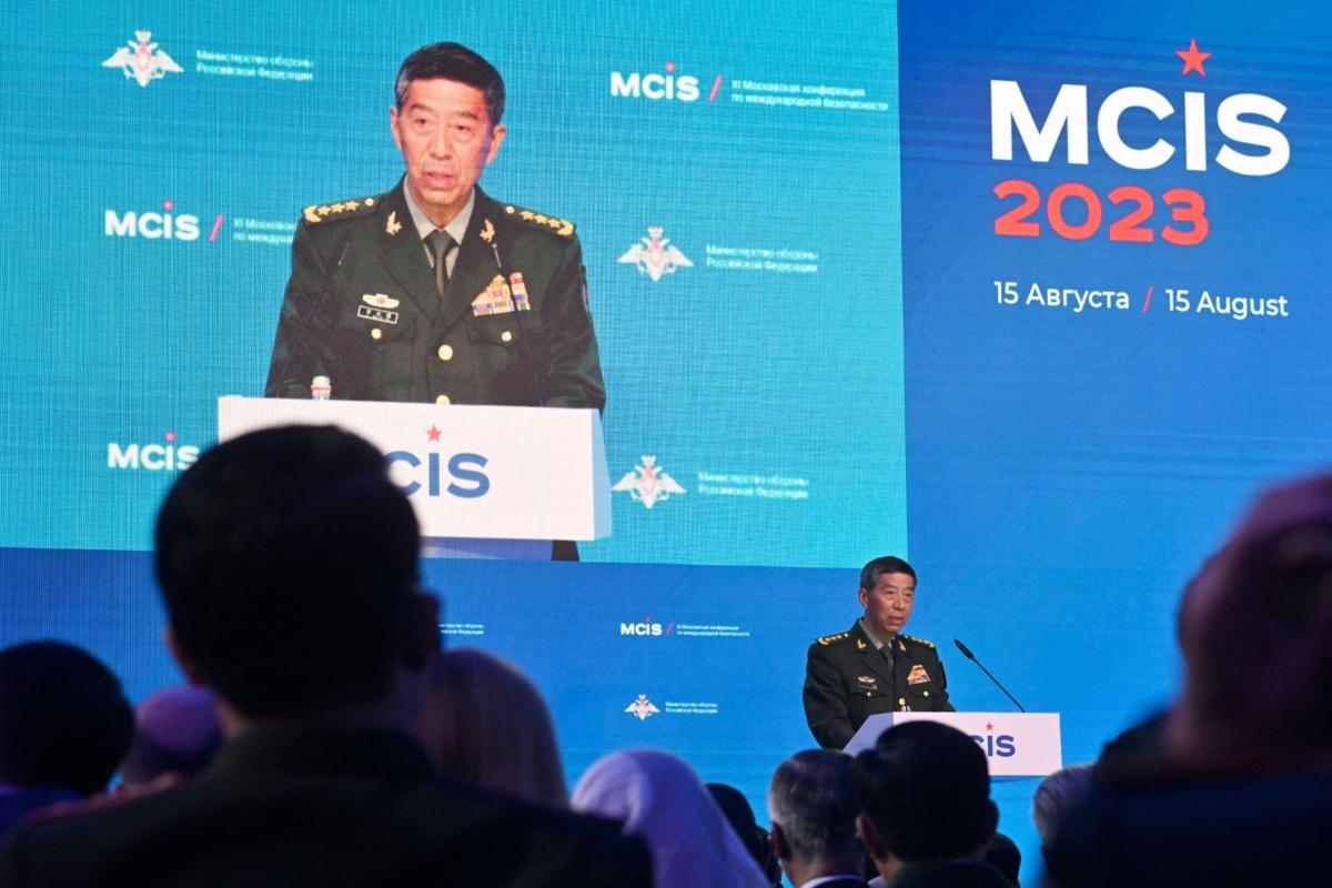 Chinese Defense Minister Li Shangfu addresses the Moscow Conference on International Security in Kubinka, Russia, on Aug. 15, 2023. (Alexander Nemenov /AFP via Getty Images)