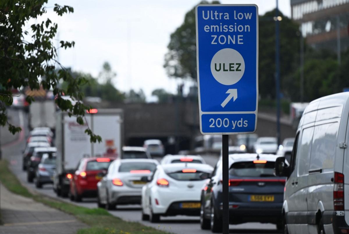 Traffic passes a sign indicating the ultra low emission zone (ULEZ) near Hanger Lane in west London on July 22, 2023. (Justin Tallis/AFP via Getty Images)