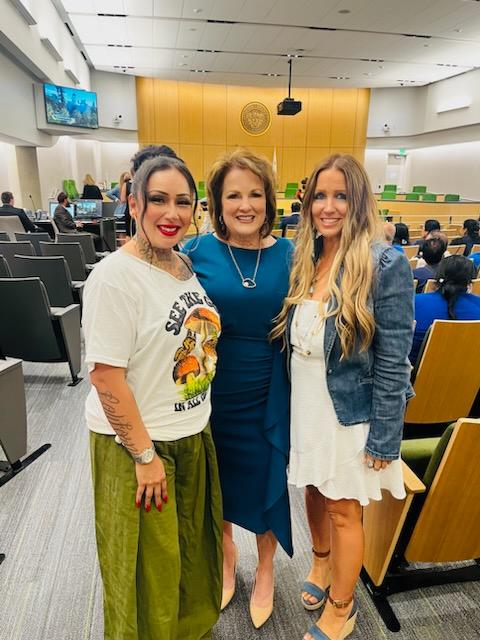 (L–R) Denise Aguilar, California state Sen. Shannon Grove (R-Bakersfield), and Tara Thornton at the state Assembly Appropriations Committee hearing for a bill targeting child sex traffickers in Sacramento, Calif., on Aug. 16, 2023. Ms. Aguilar and Ms. Thornton are co-founders of Freedom Angels, a human and civil rights group advocating for children, families, and freedom. (Courtesy of Freedom Angels)