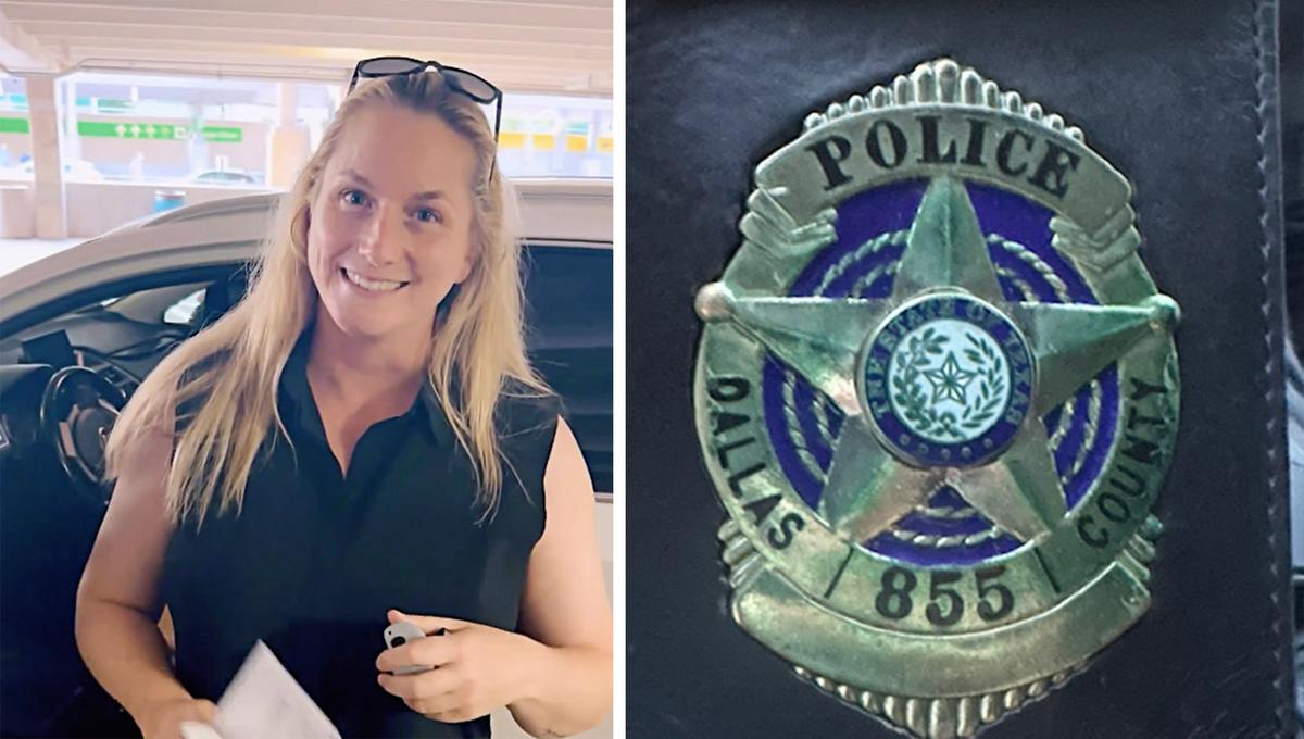 (Left) Ms. Haddock seen in a security tips Instagram short; (Right) Ms. Haddock's badge from her stint as a Dallas Police officer. (Courtesy of <a href="https://www.instagram.com/haddock_amber/">Amber Haddock</a>)