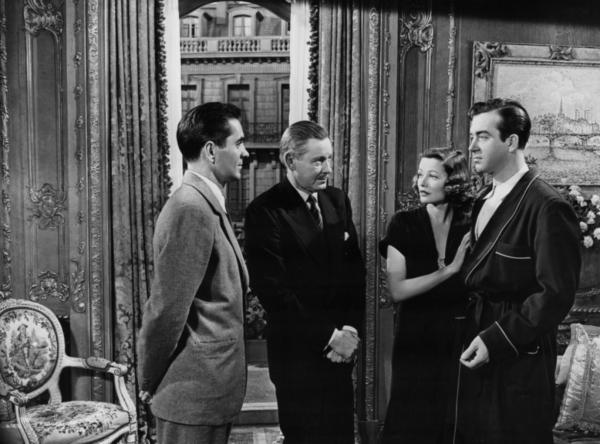 (L–R) Larry Darrell (Tyrone Power), W. Somerset Maugham (Herbert Marshall), Isabel Bradley (Gene Tierney), and Gray Maturin (John Payne), in “The Razor’s Edge.” (20th Century Fox)