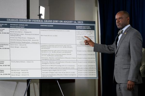 U.S. Attorney for the Northern District of California Ismail J. Ramsey points to a visual aid during a press conference to announce federal authorities have charged 9 current and former Northern California police officers in a corruption investigation in San Francisco on Aug. 17, 2023. (Godofredo A. Vásquez/AP Photo)