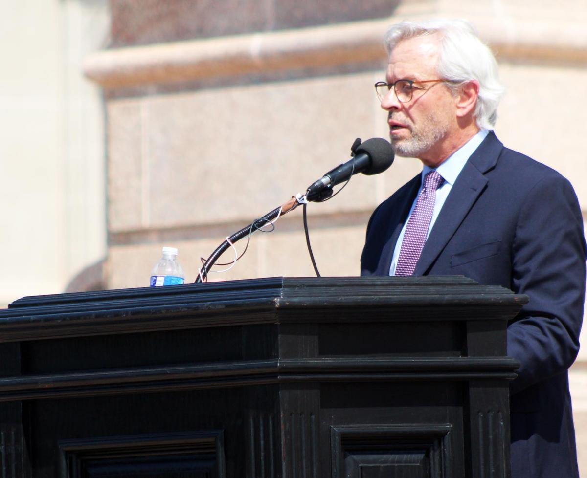 Attorney Don Knight addresses demonstrators during a May 9, 2023 protest in support of Richard Glossip at the Oklahoma State Capitol in Oklahoma City. (Michael Clements/The Epoch Times)