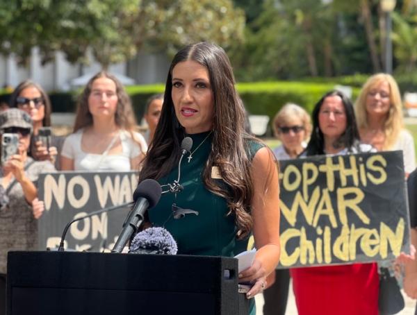 Sonja Shaw, president of Chino Valley Unified, speaks at a press conference outside the California state Capitol in Sacramento on Aug. 14, 2023. (Courtesy of California Family Council)