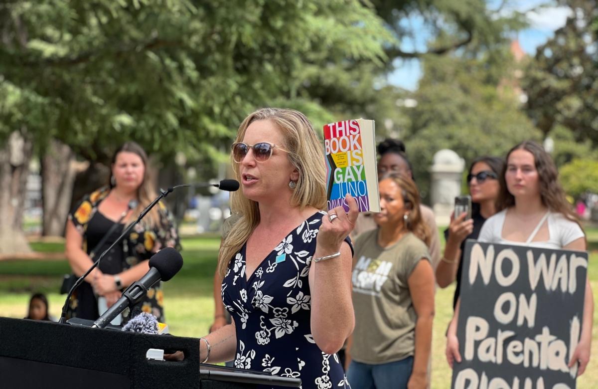 Allie Snyder, a supporter of the organization Our Duty and a parent, speaks at a press conference outside the California state Capitol in Sacramento on Aug. 14, 2023. (Courtesy of California Family Council)