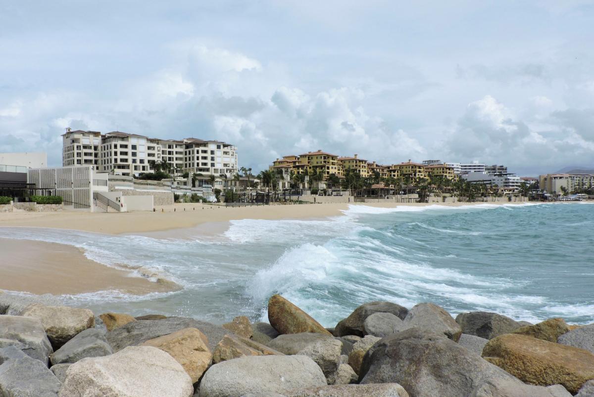Waves break in a beach as Hurricane Hilary rushes toward Mexico's Baja California peninsula, in Cabo San Lucas, Mexico, on Aug. 18, 2023. (Monserrat Zavala/Reuters)