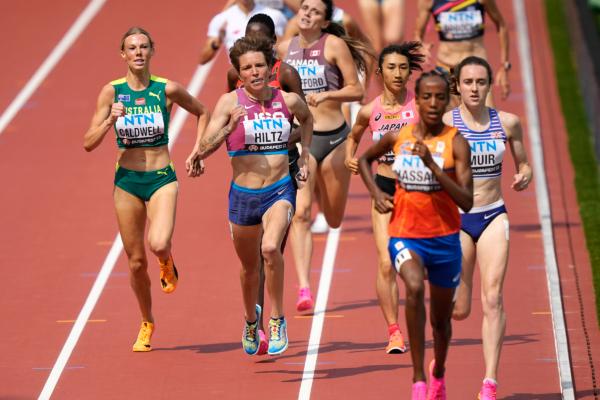 Nikki Hiltz, of the United States, centre, competes in a Women's 1500 meters heat during the World Athletics Championships in Budapest, Hungary, on Aug. 19, 2023. (Martin Meissner/AP Photo)