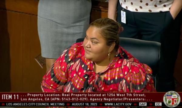 Los Angeles City Councilwoman Eunisses Hernandez at the Aug. 18, 2023 city council meeting. (Youtube/Screenshot via The Epoch Times)