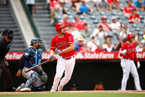 Nolan Schanuel (18) of the Los Angeles Angels during game one of a doubleheader at Angel Stadium of Anaheim in Anaheim, Calif., on August 19, 2023. (Ronald Martinez/Getty Images)