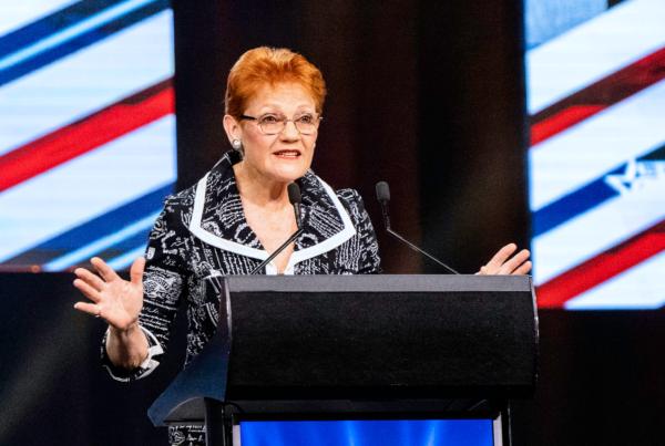 Senator and One Nation leader Pauline Hanson speaks in Sydney at CPAC Australia on Aug. 20, 2023. (Wade Zhong/The Epoch Times)