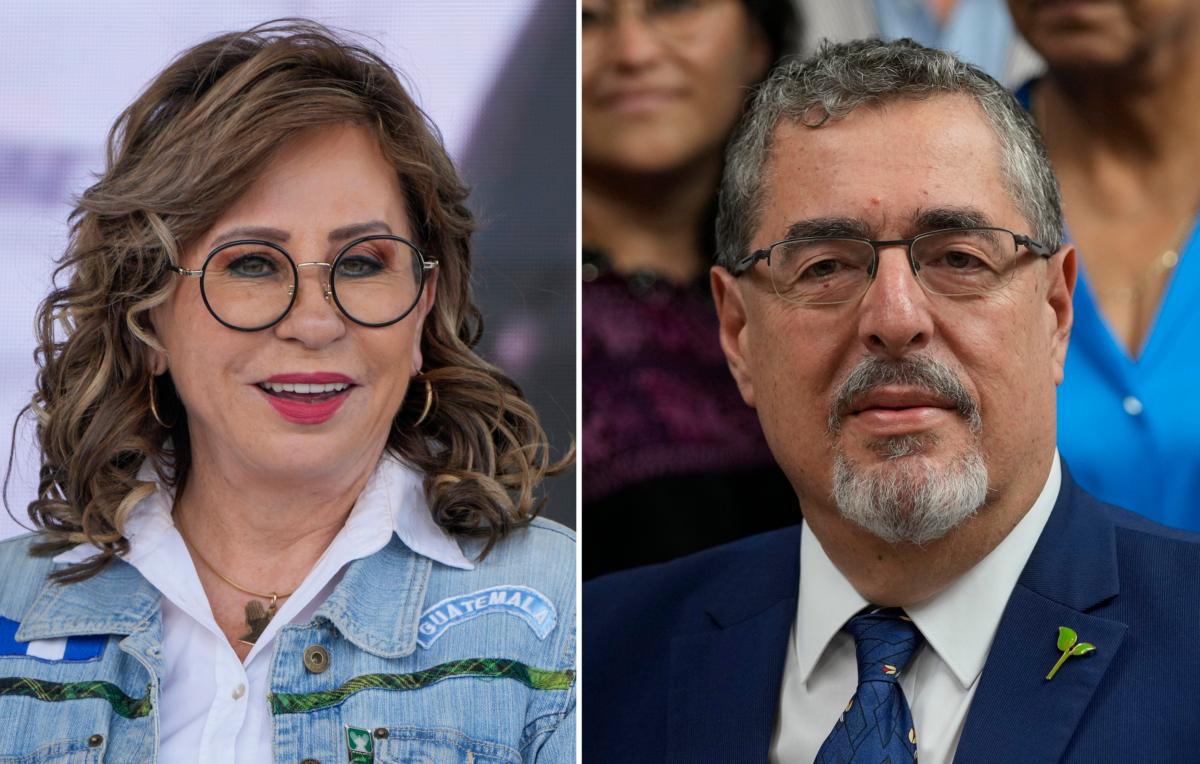 (Left) Sandra Torres, National Unity of Hope, UNE, presidential candidate, in Guatemala City on Aug. 18, 2023. (Right) Bernardo Arévalo, Seed Movement presidential candidate, in Guatemala City on July 13, 2023. (Moises Castillo/AP Photo)