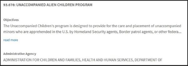The United States Department of Health and Human Services Administration for Children and Families is the administrative agency of funds allocated to the United States Conference of Catholic Bishops' Unaccompanied Alien Children Program  (Screenshot/USASpending.gov).