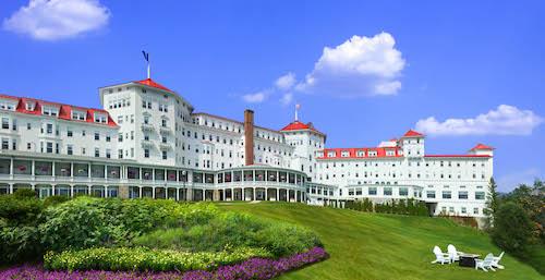 The rear view of the hotel with its veranda. (Courtesy of Omni Mount Washington Resort)