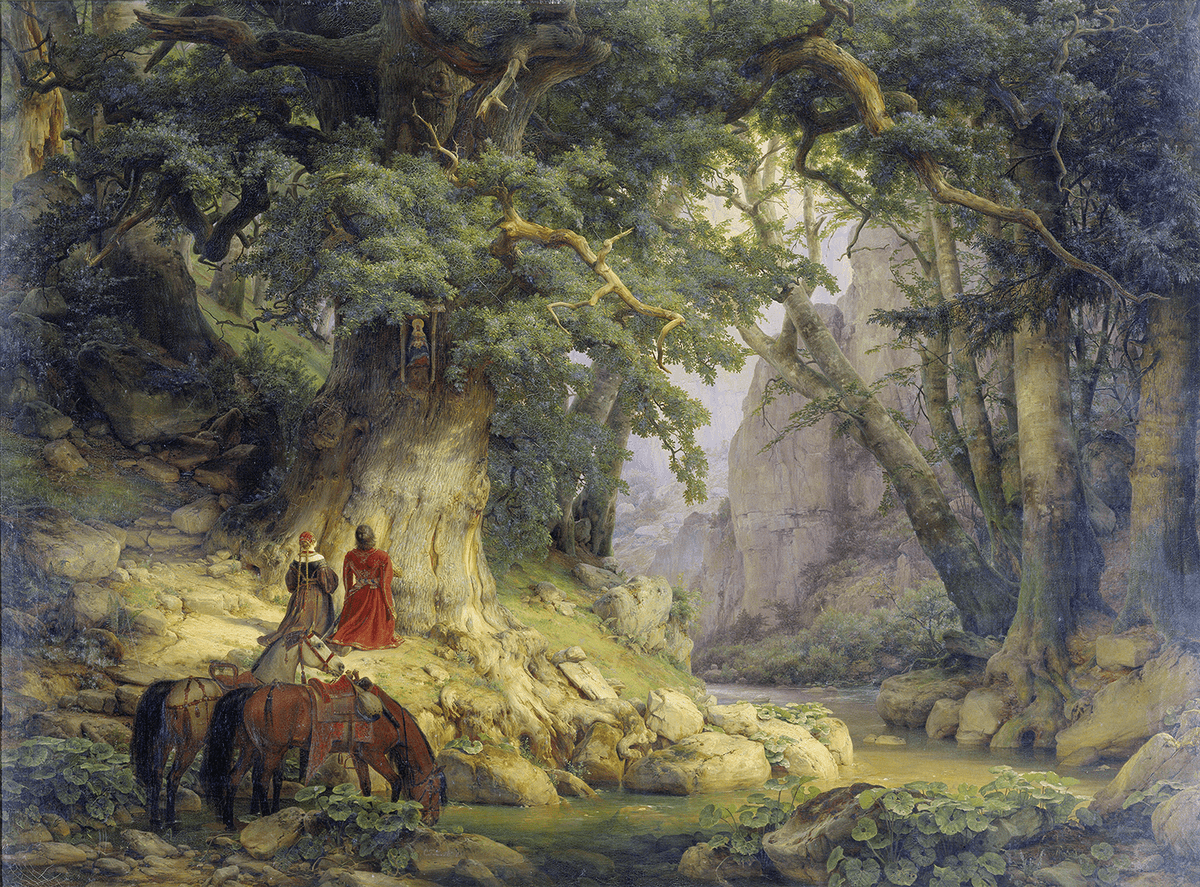 A married couple kneels at a shrine in front of an ancient oak tree, the symbol of endurance and eternity. "The Thousand-Year-Old Oak," 1837, by Karl Friedrich Lessing. Oil on canvas. Städel Museum, Frankfurt, Germany. (Public Domain)