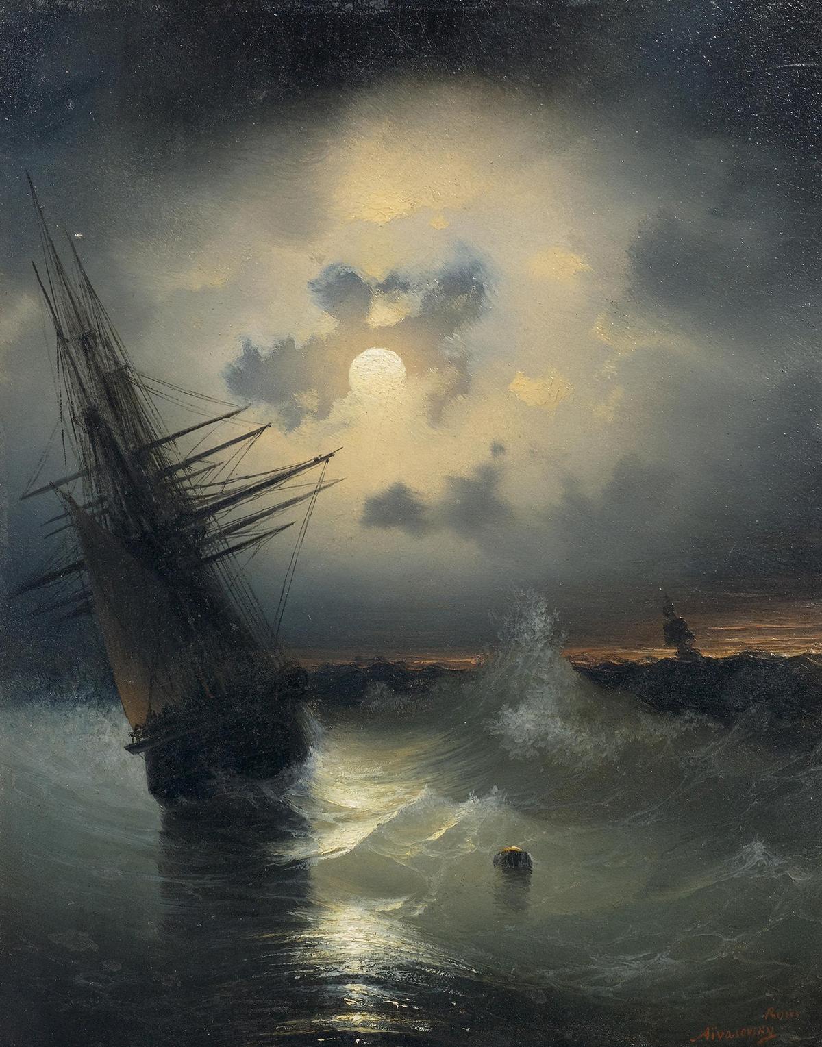 "Sailing Ship on the Sea at Moonlight," early 1840s, by Ivan Ayvazovsky. Oil on board. Private collection. (Public Domain)