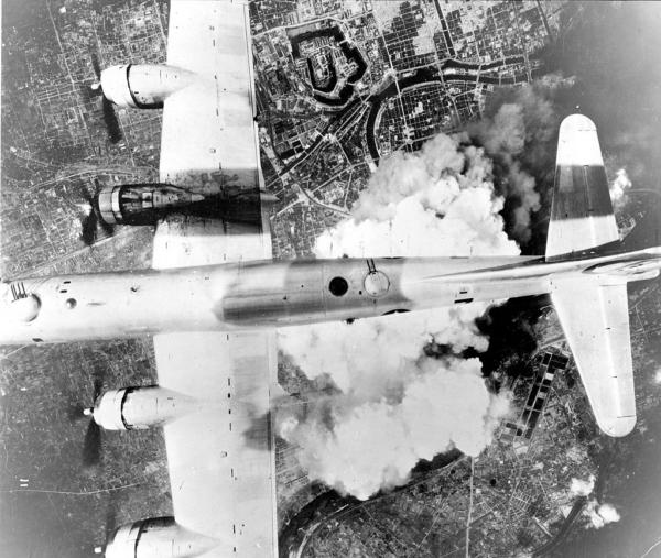 A B-29 over Osaka, Japan on June 1, 1945. United States Army Air Force. (Public Domain)