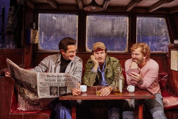(L–R) Roy Scheider (Colin Donnell), Robert Shaw (Ian Shaw, the son of Robert), and Richard Dreyfuss (Alex Brightman) in “The Shark Is Broken.” (Matthew Murphy)
