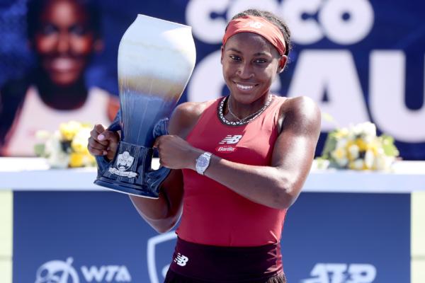 Coco Gauff poses with the trophy after defeating Karolina Muchova of Czech Republic during the final of the Western & Southern Open at Lindner Family Tennis Center in Mason, Ohio, on August 20, 2023. (Matthew Stockman/Getty Images)