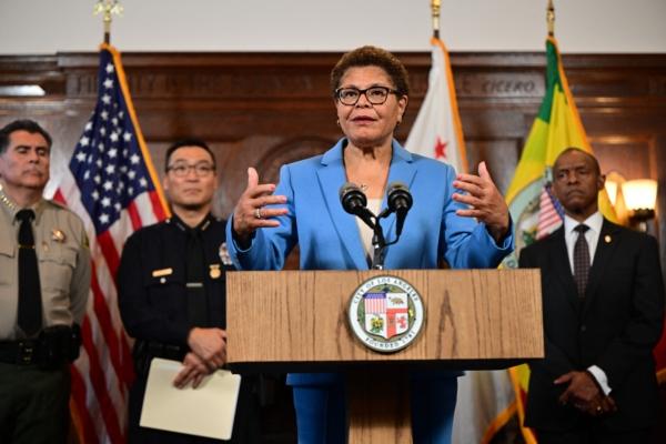 Los Angeles Mayor Karen Bass speaks during a press conference at City Hall in Los Angeles, California, on August 17, 2023. (Photo by Frederic J. Brown/AFP via Getty Images)