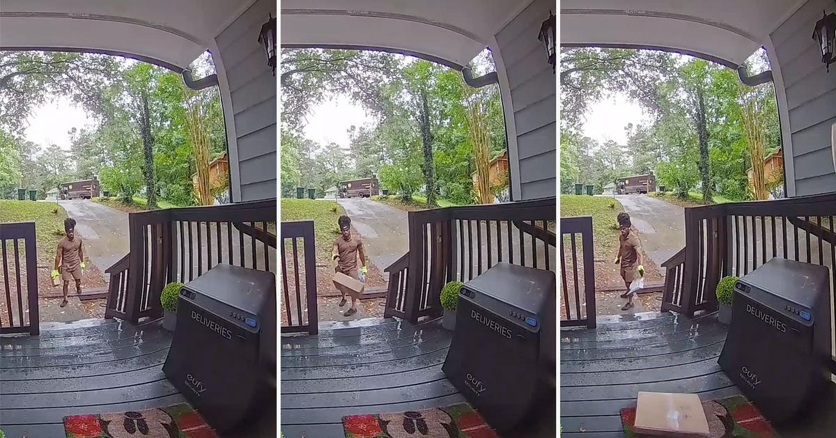Footage appears to show a UPS delivery driver tossing a package onto a porch. (Screenshot/Newsflare)
